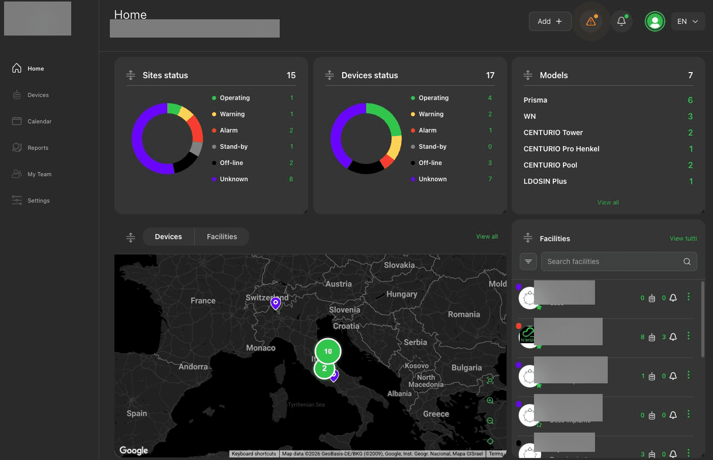 Dashboard principale piattaforma Nimbus EMEC — status siti e dispositivi con mappa Europa