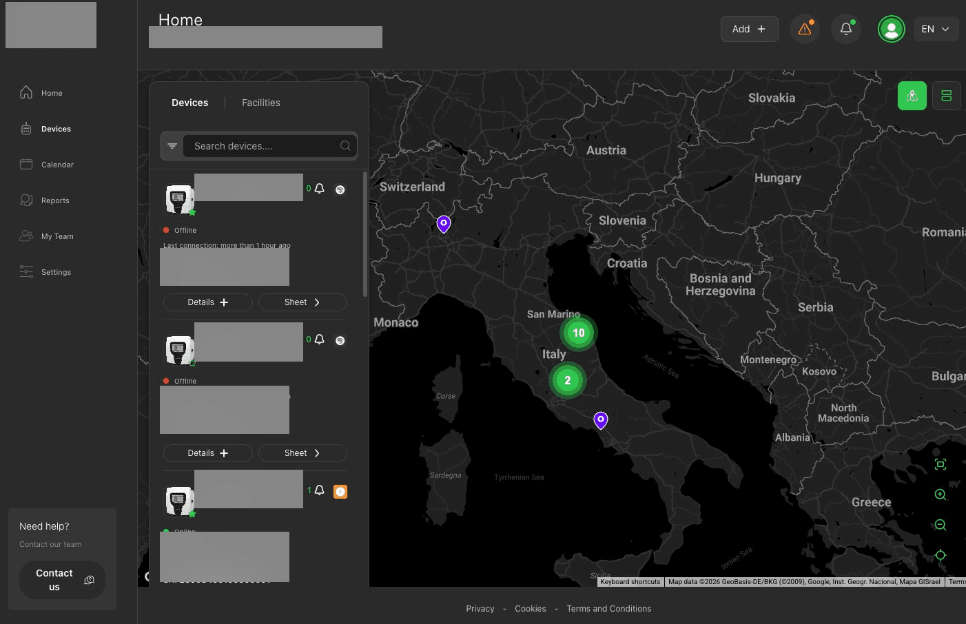 Lista dispositivi EMEC con geolocalizzazione su mappa Italia