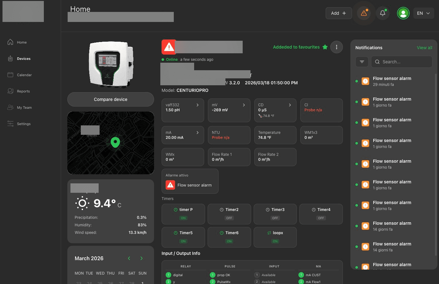 Dettaglio dispositivo EMEC — telemetria real-time pH, mV, temperatura, allarmi e timer